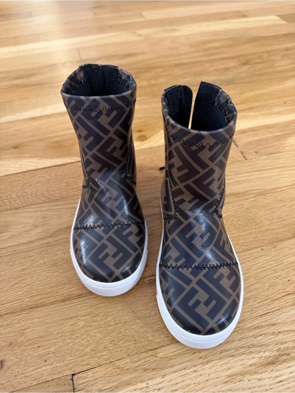 Fendi Kids Brown Monogram Rain Boots with White Soles